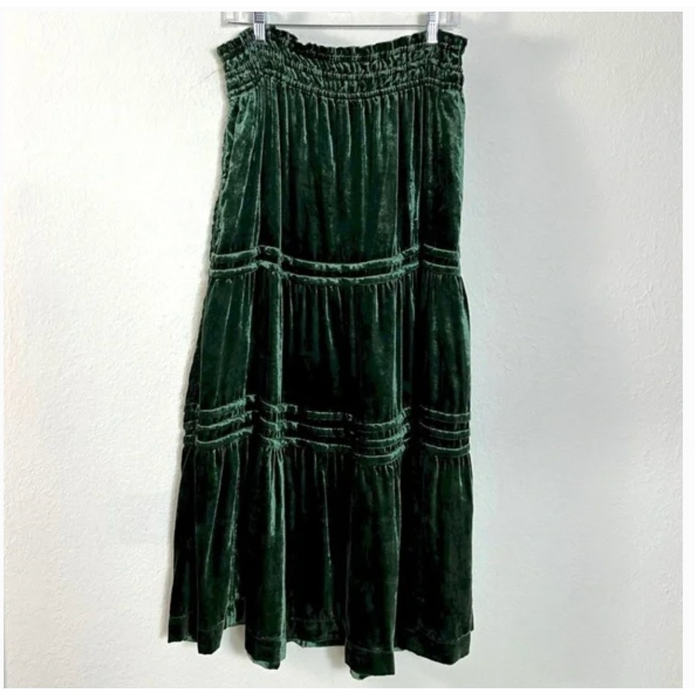 Anthropologie Velvet Tiered Skirt SMALLGreen Whimsigoth Holiday Boho Pockets - Picture 5 of 8